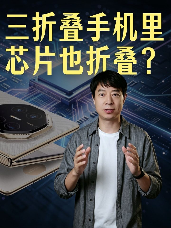 视频封面：邓亚平身穿灰色衬衫讲解，左侧是一台华为三折叠手机，背景是电路板与芯片，标题“三折叠手机里芯片也折叠？”